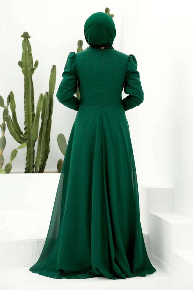Tesettürlü Abiye Elbise - Robe de soirée Hijab verte 56280Y - 2