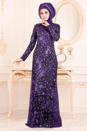 Tesettürlü Abiye Elbise -Robe de Soirée Hijab Violet 21020MOR - 1