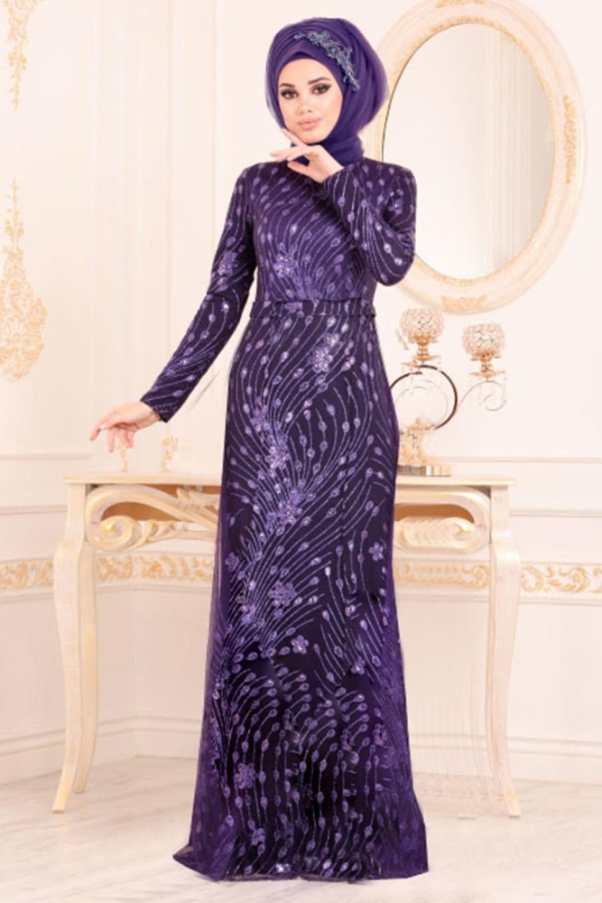 Tesettürlü Abiye Elbise -Robe de Soirée Hijab Violet 21020MOR - 1