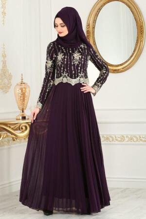 Tesettürlü Abiye Elbise - Robe de Soirée Hijab Violet 77220MOR - 1