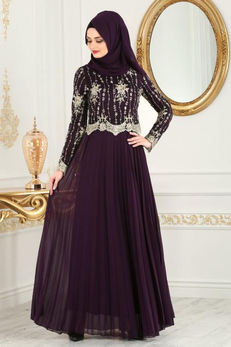 Tesettürlü Abiye Elbise - Robe de Soirée Hijab Violet 77220MOR - 1