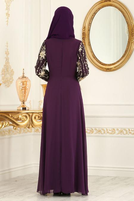 Tesettürlü Abiye Elbise - Robe de Soirée Hijab Violet 77220MOR - 2