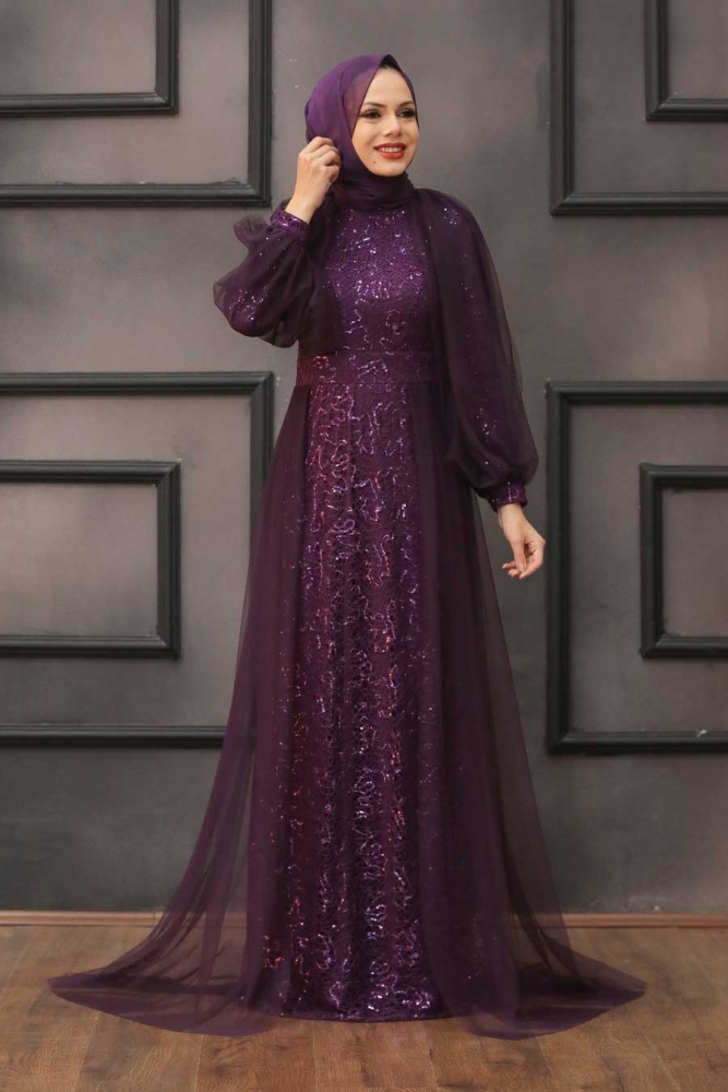 Tesettürlü Abiye Elbise - Robe De Soirée Hijab Violet Avec Cape 55190MOR - 1