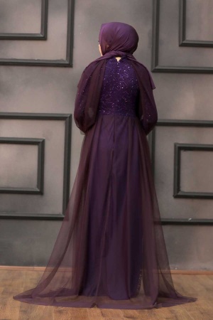 Tesettürlü Abiye Elbise - Robe De Soirée Hijab Violet Avec Cape 55190MOR - 2