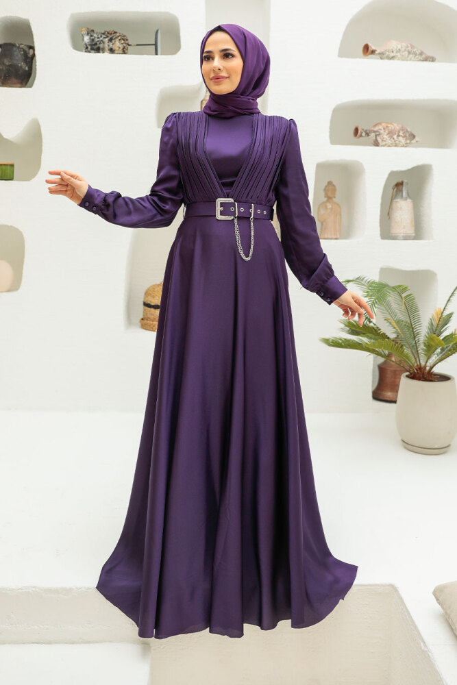 Tesettürlü Abiye Elbise - Robe de Soirée Hijab Violette 3454MOR - 1