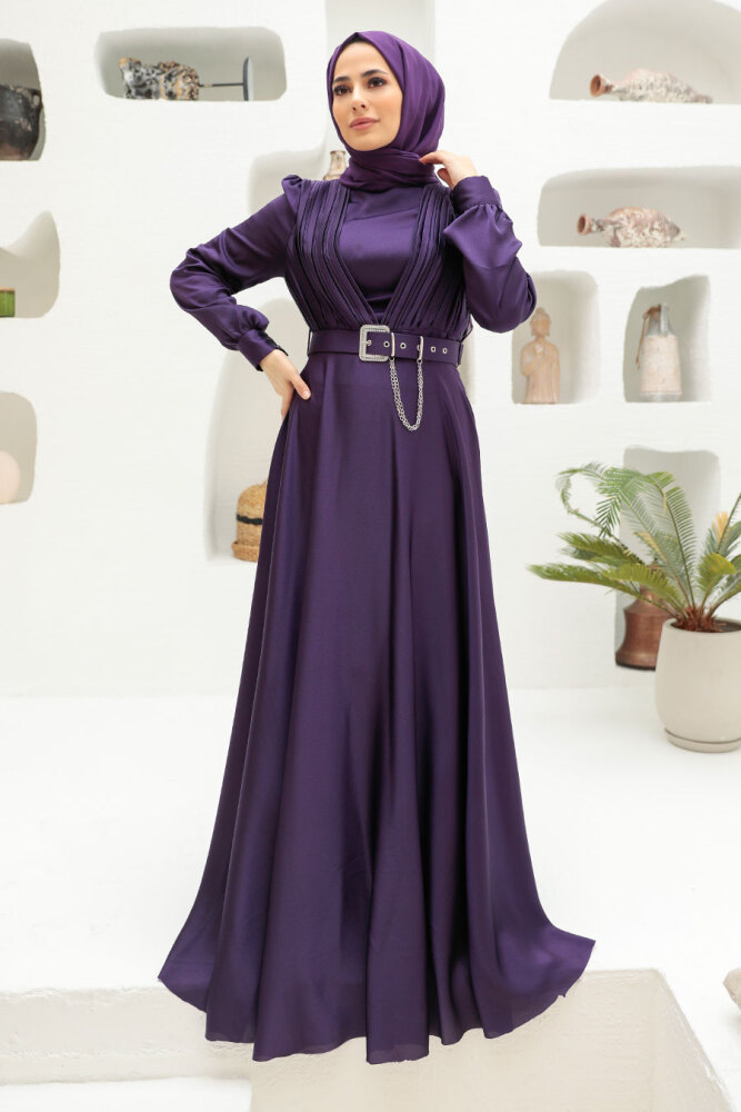 Tesettürlü Abiye Elbise - Robe de Soirée Hijab Violette 3454MOR - 2