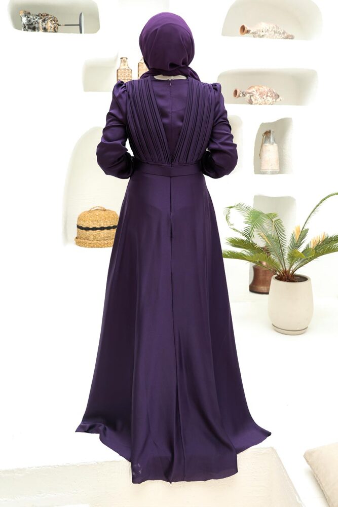 Tesettürlü Abiye Elbise - Robe de Soirée Hijab Violette 3454MOR - 3