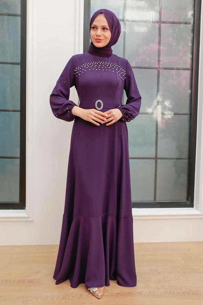 Tesettürlü Abiye Elbise - Robe de Soirée Hijab Violette 36030MOR - 1