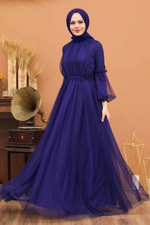 Tesettürlü Abiye Elbise -Robe de soirée hijab violette 5474MOR - Thumbnail