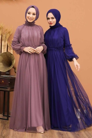 Tesettürlü Abiye Elbise -Robe de soirée hijab violette 5474MOR - Thumbnail