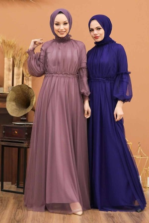 Tesettürlü Abiye Elbise -Robe de soirée hijab violette 5474MOR - Thumbnail