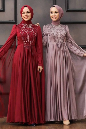 Tesettürlü Abiye Elbise- Robe de Soirée Hijab Vison 22140V - 3