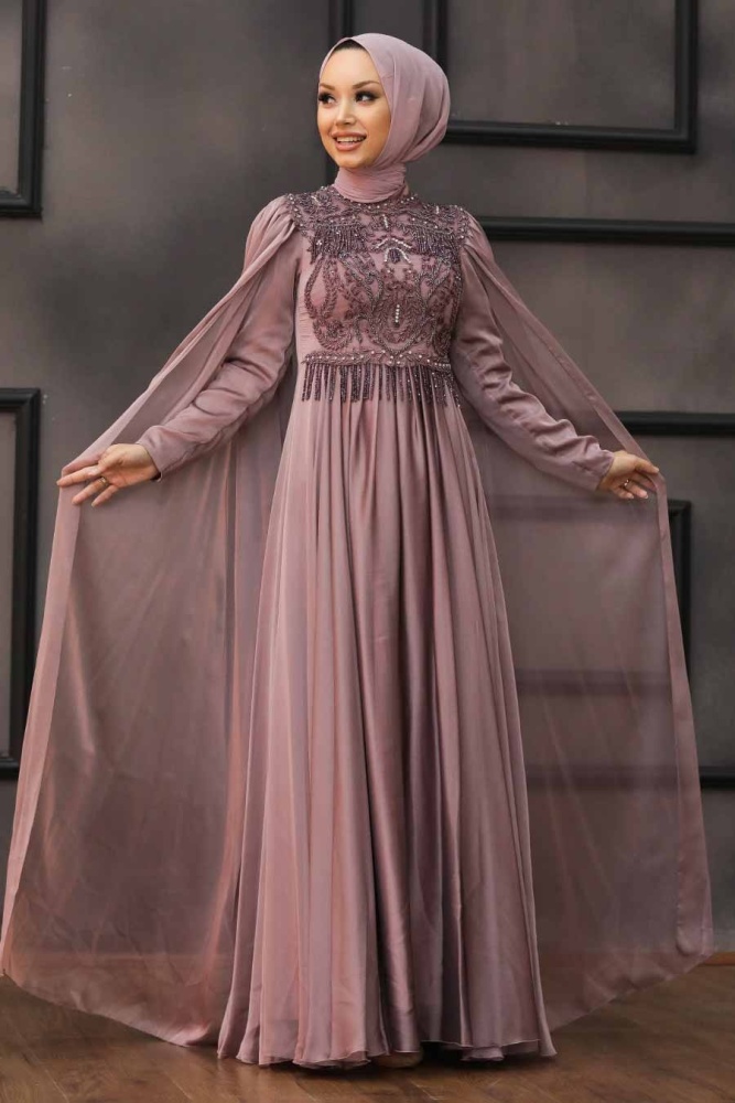 Tesettürlü Abiye Elbise - Robe de Soirée Hijab Vison 22162V - 3