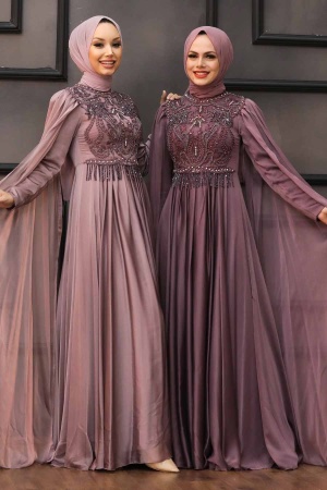Tesettürlü Abiye Elbise - Robe de Soirée Hijab Vison 22162V - 4