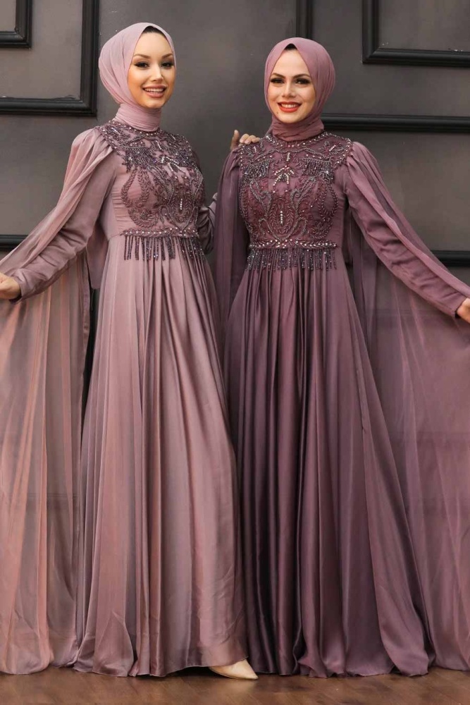 Tesettürlü Abiye Elbise - Robe de Soirée Hijab Vison 22162V - 4