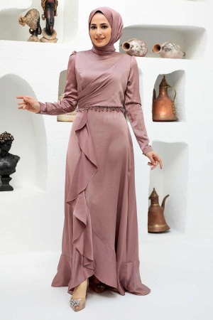 Tesettürlü Abiye Elbise - Robe de Soirée Hijab Vison 3381V - 1