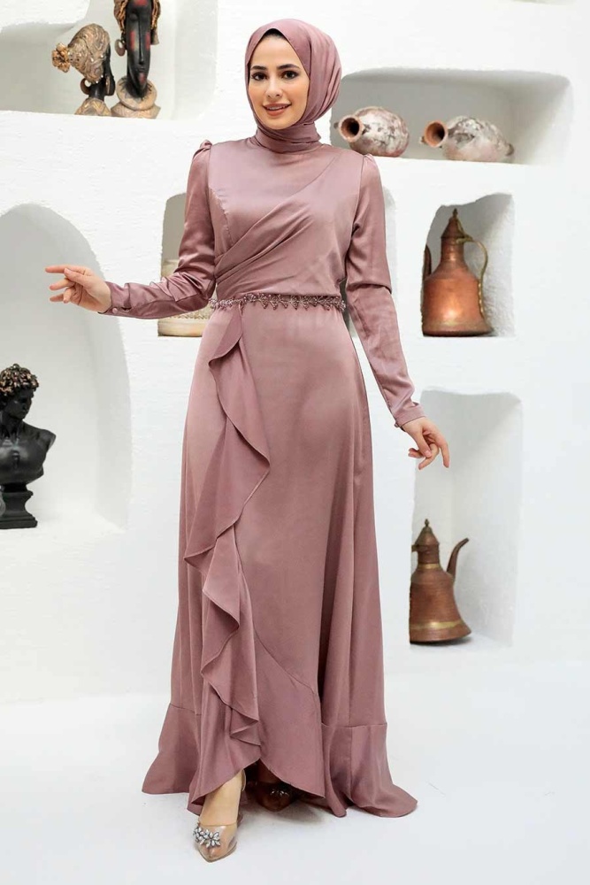 Tesettürlü Abiye Elbise - Robe de Soirée Hijab Vison 3381V - 1