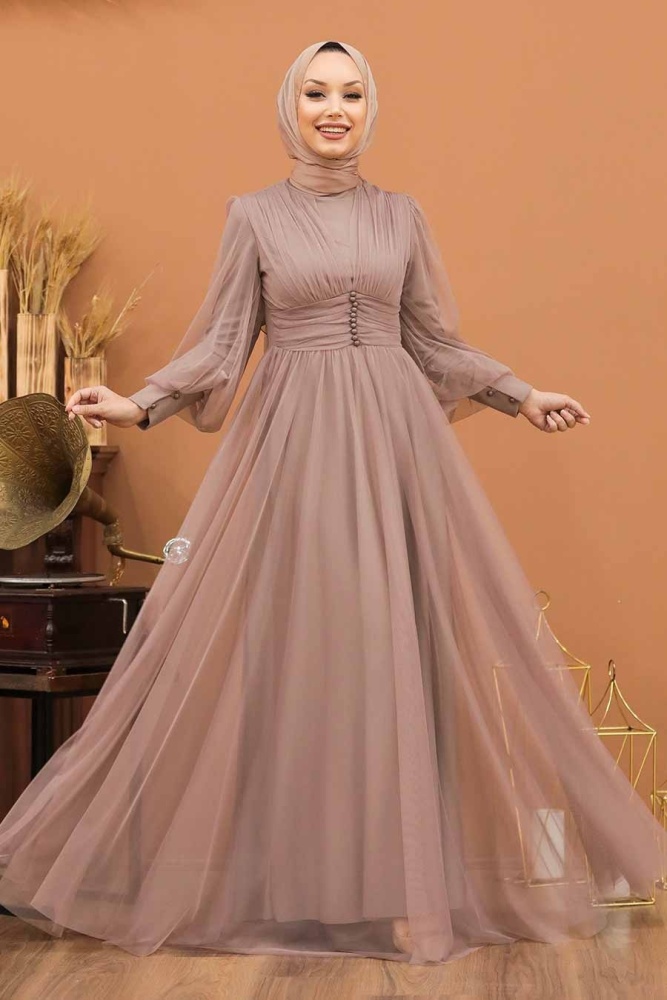 Tesettürlü Abiye Elbise - Robe de Soirée Hijab Vison 5478V - 1