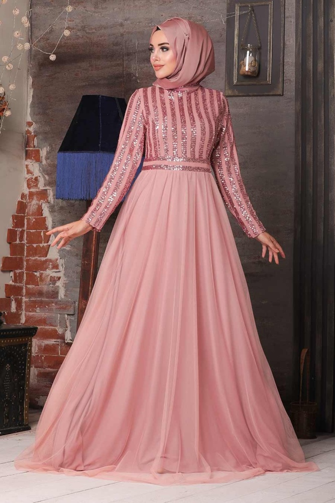 Tesettürlü Abiye Elbise - Robe de soirée islamique au saumon 5338SMN - 1