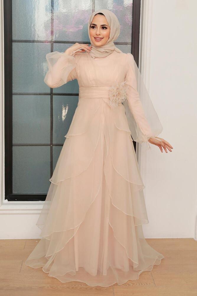 Tesettürlü Abiye Elbise - Robe de Soirée Islamique Beige 22480BEJ - 1