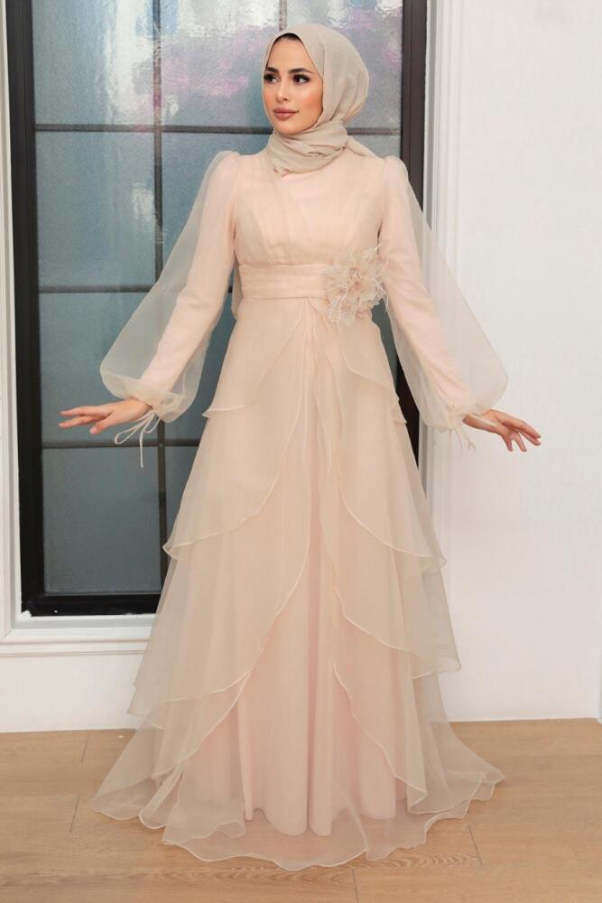 Tesettürlü Abiye Elbise - Robe de Soirée Islamique Beige 22480BEJ - 2
