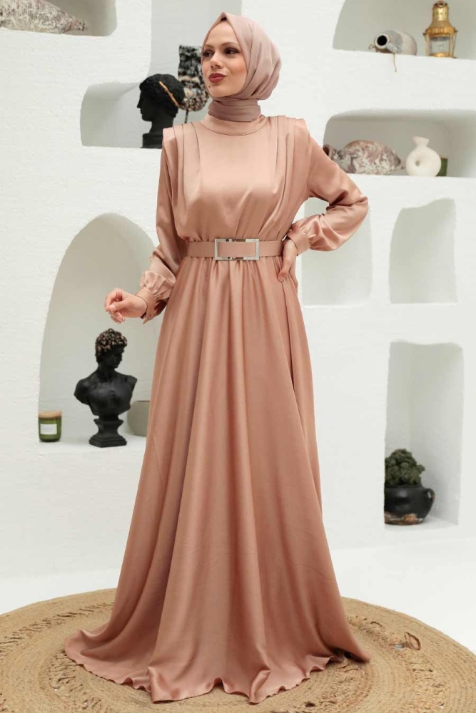 Tesettürlü Abiye Elbise - Robe de Soirée Islamique Beige 3378BEJ - 1