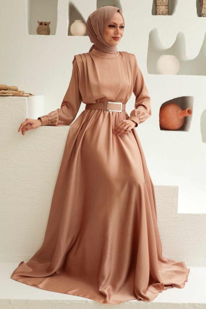 Tesettürlü Abiye Elbise - Robe de Soirée Islamique Beige 3378BEJ - 2