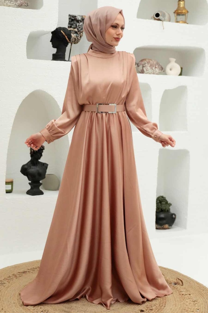 Tesettürlü Abiye Elbise - Robe de Soirée Islamique Beige 3378BEJ - 3