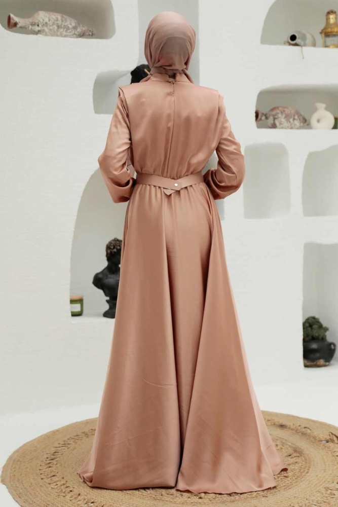 Tesettürlü Abiye Elbise - Robe de Soirée Islamique Beige 3378BEJ - 4