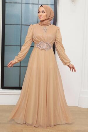 Tesettürlü Abiye Elbise - Robe de Soirée Islamique Beige 50151BEJ - 1