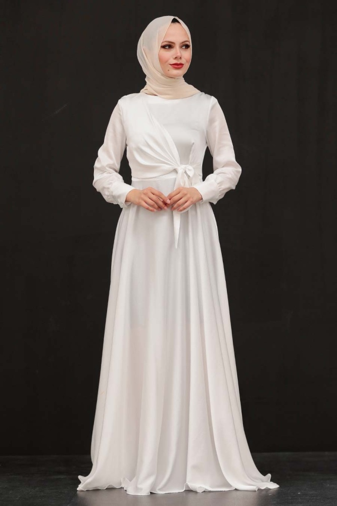 Tesettürlü Abiye Elbise - Robe de soirée islamique blanche 1420B - 1