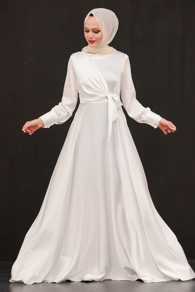 Tesettürlü Abiye Elbise - Robe de soirée islamique blanche 1420B - 2