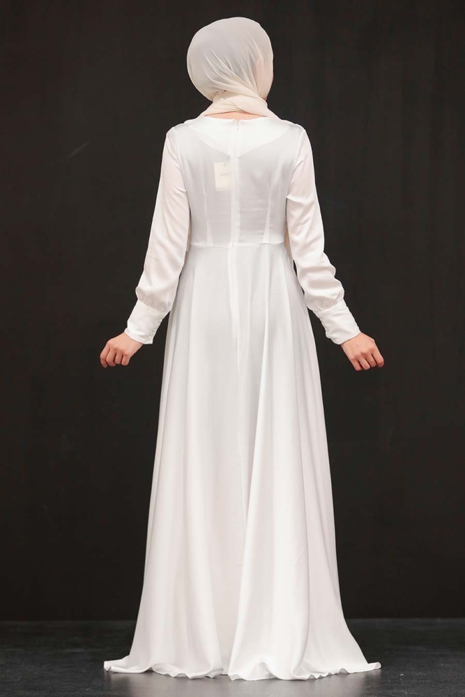 Tesettürlü Abiye Elbise - Robe de soirée islamique blanche 1420B - 3