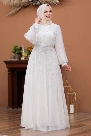 Tesettürlü Abiye Elbise - Robe de soirée islamique blanche 3497B - 1