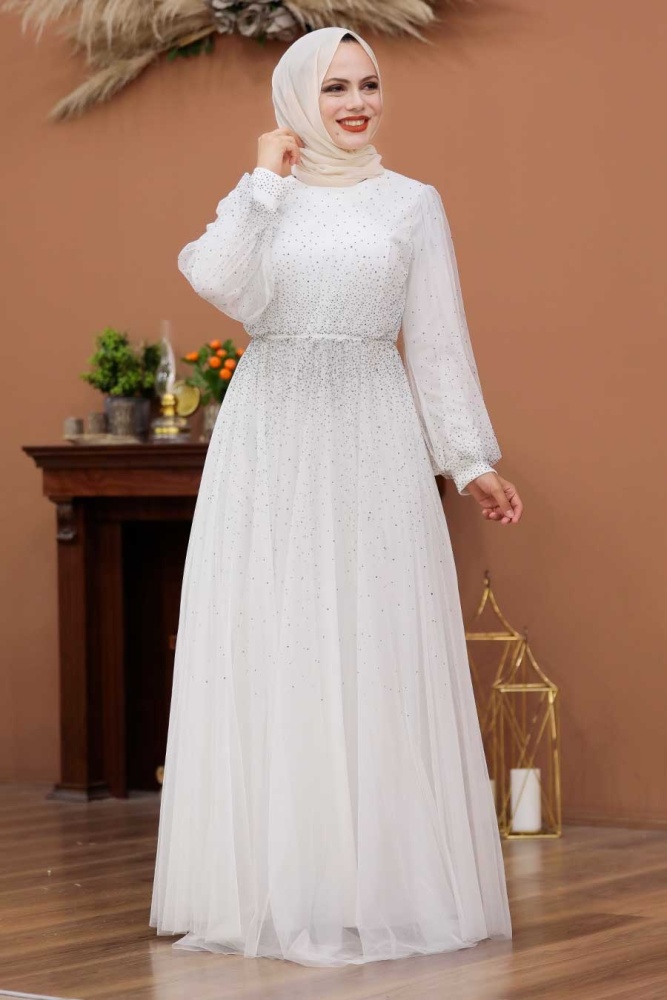 Tesettürlü Abiye Elbise - Robe de soirée islamique blanche 3497B - 1