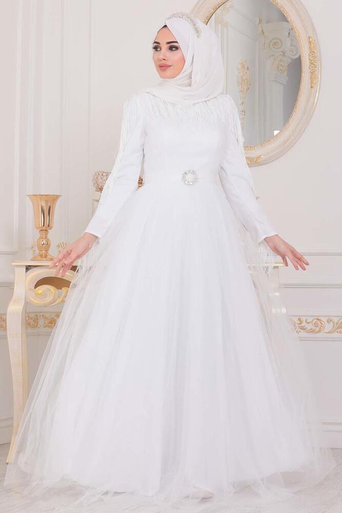 Tesettürlü Abiye Elbise - Robe de soirée islamique blanche 40242B - 1