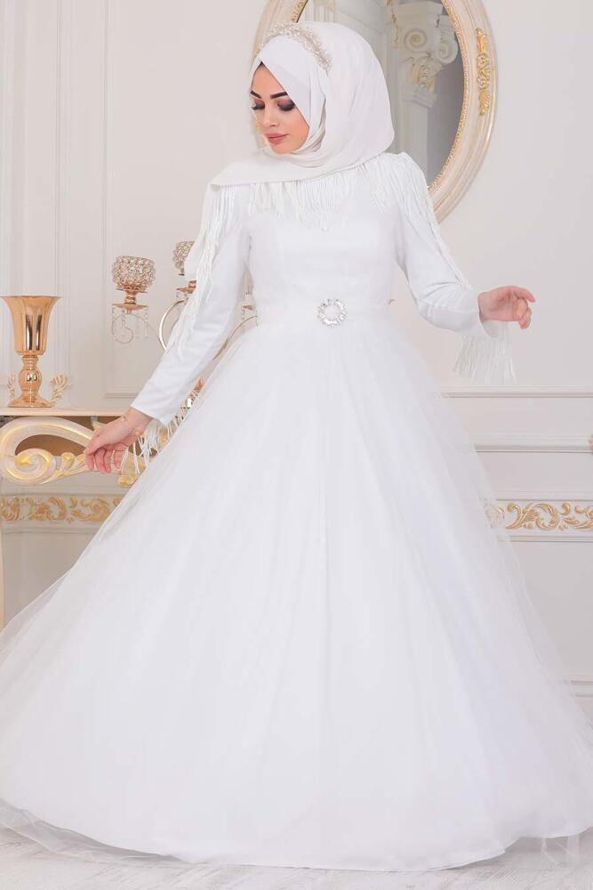 Tesettürlü Abiye Elbise - Robe de soirée islamique blanche 40242B - 2