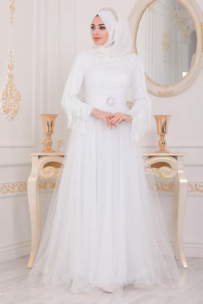 Tesettürlü Abiye Elbise - Robe de soirée islamique blanche 40242B - 3