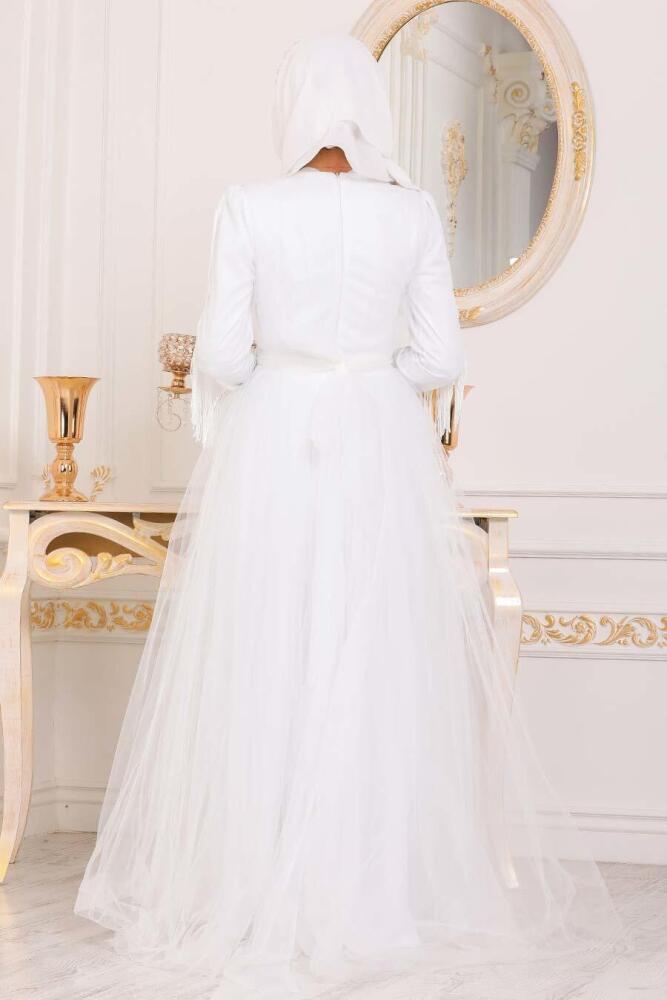 Tesettürlü Abiye Elbise - Robe de soirée islamique blanche 40242B - 4
