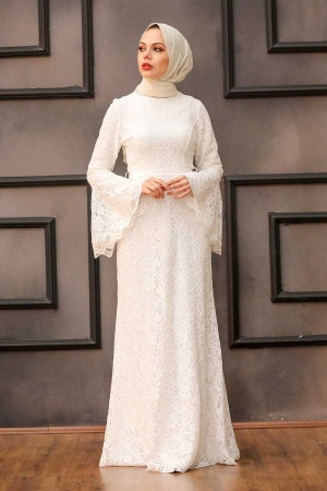 Tesettürlü Abiye Elbise - Robe de soirée islamique blanche 5487B - 1
