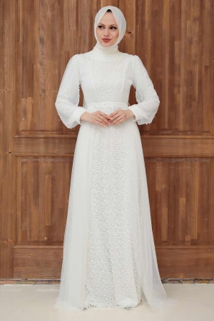 Tesettürlü Abiye Elbise - Robe de Soirée Islamique Blanche 5632B - 2