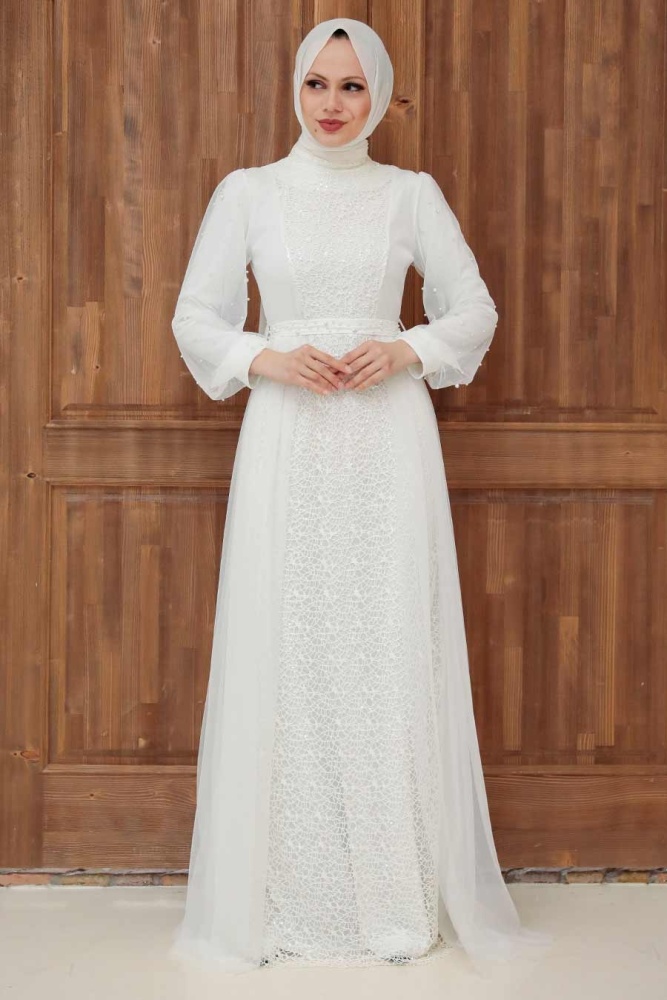 Tesettürlü Abiye Elbise - Robe de Soirée Islamique Blanche 5632B - 2