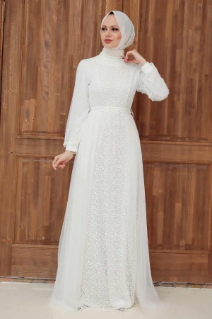 Tesettürlü Abiye Elbise - Robe de Soirée Islamique Blanche 5632B - 3