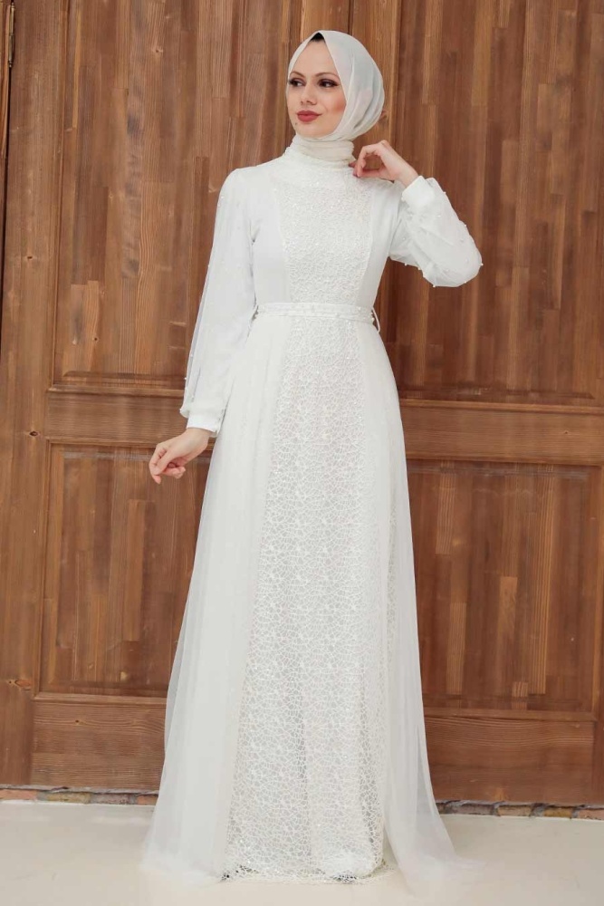Tesettürlü Abiye Elbise - Robe de Soirée Islamique Blanche 5632B - 3
