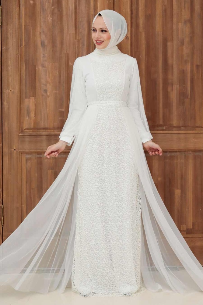 Tesettürlü Abiye Elbise - Robe de Soirée Islamique Blanche 5632B - 1