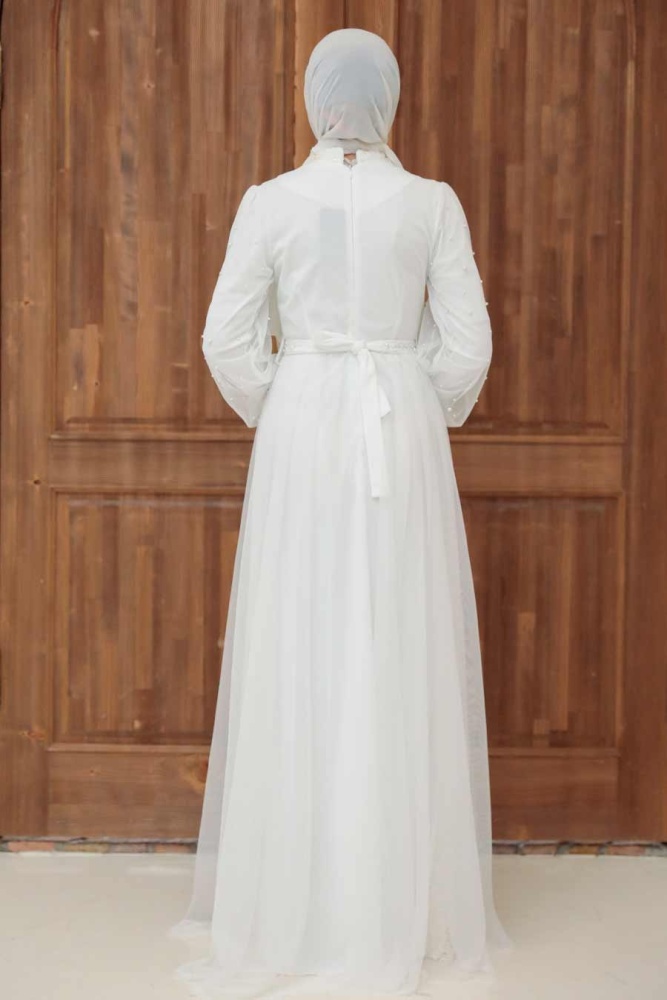 Tesettürlü Abiye Elbise - Robe de Soirée Islamique Blanche 5632B - 4