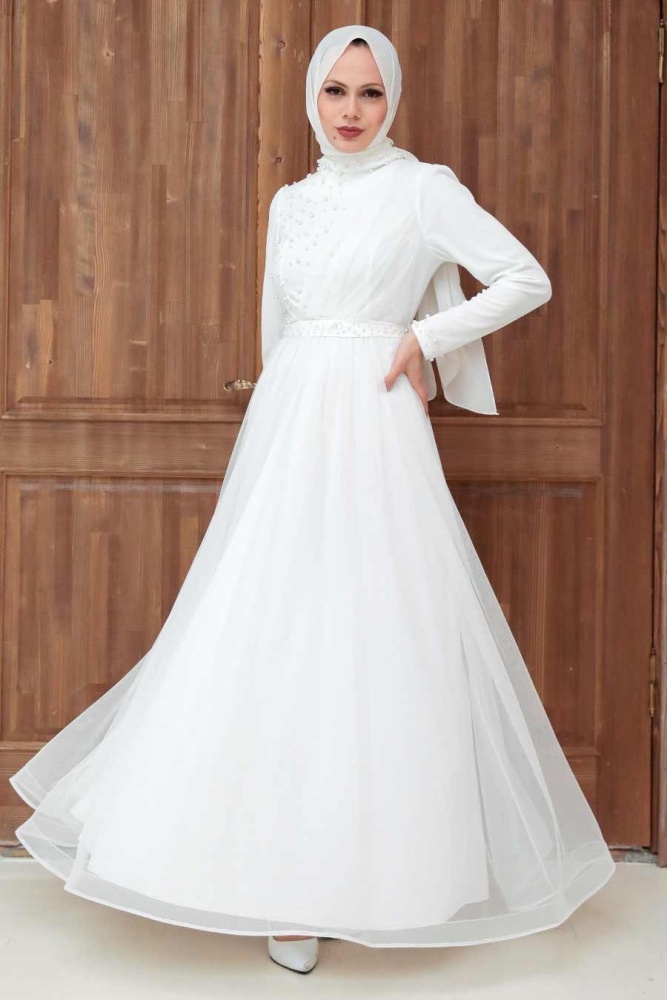 Tesettürlü Abiye Elbise - Robe de Soirée Islamique Blanche 56641B - 1