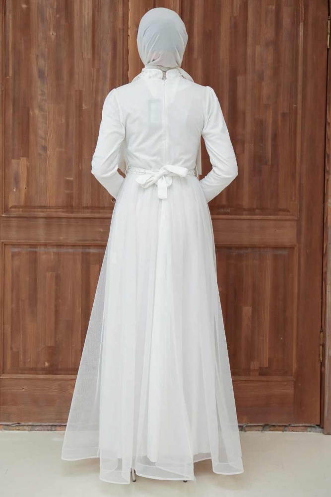 Tesettürlü Abiye Elbise - Robe de Soirée Islamique Blanche 56641B - 2