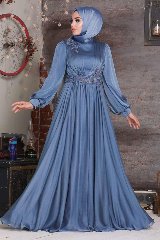 Tesettürlü Abiye Elbise - Robe de soirée islamique bleu indigo 21630IM - 1