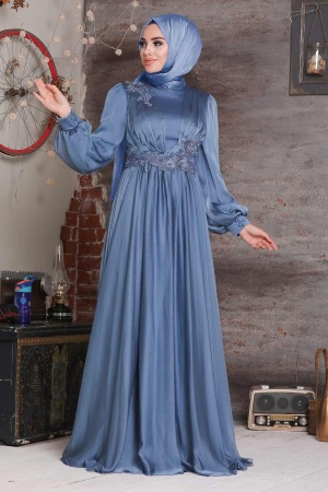 Tesettürlü Abiye Elbise - Robe de soirée islamique bleu indigo 21630IM - 2
